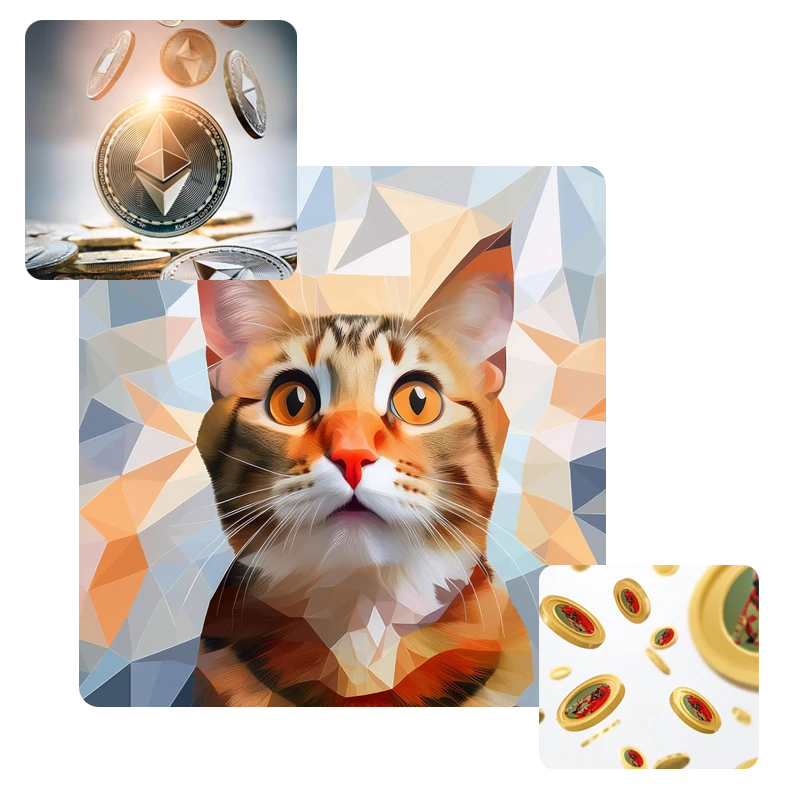 A image of a cat, with two tokens shown, etherium and the ROAR token