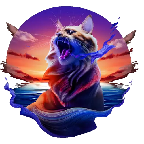 Image of a cat, roaring with a sunset behind it